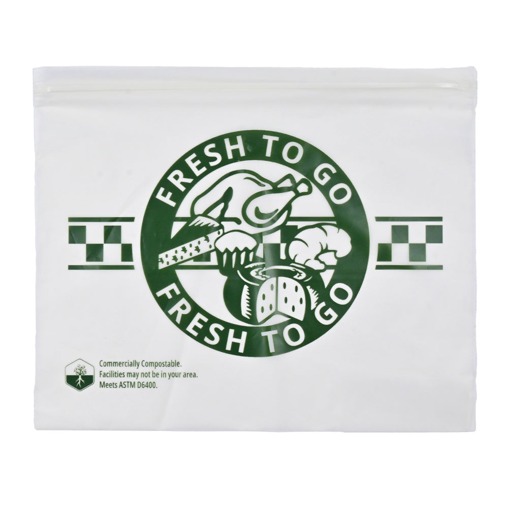 10" x 8" Compostable Zipper Saddle Pack Deli Bags -- Printed "Fresh to Go" One Color