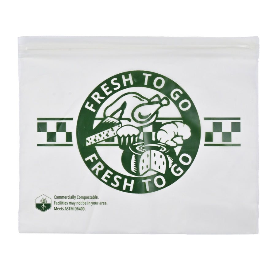 10" x 8" Compostable Zipper Saddle Pack Deli Bags -- Printed "Fresh to Go" One Color