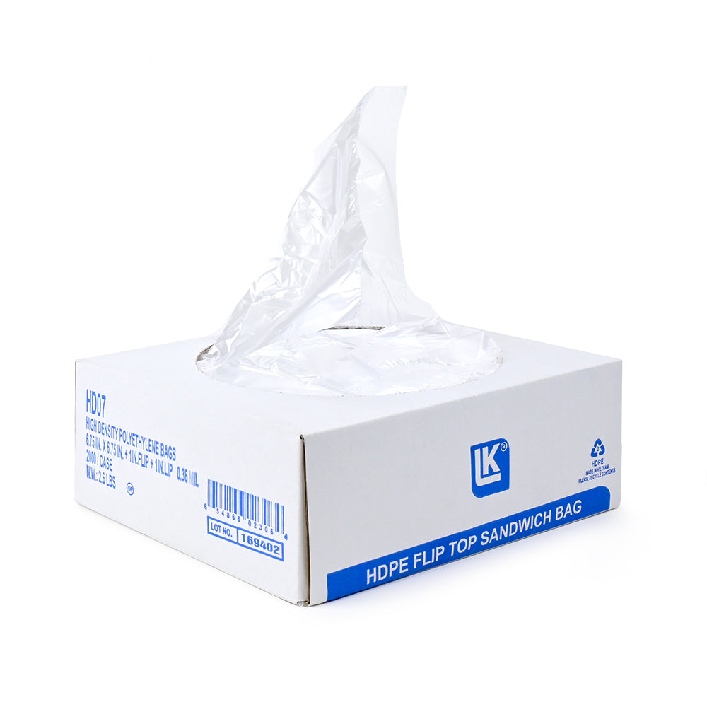 6.75" x 6.75" + 1"LP + 1"FB 0.36 mil HDPE Flip Top Sandwich Bags