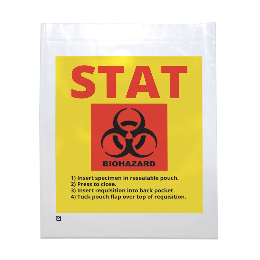 12" x 15" 2 mil Reclosable 3-Wall Specimen Transfer Bag w/ "STAT" Print (Biohazard)