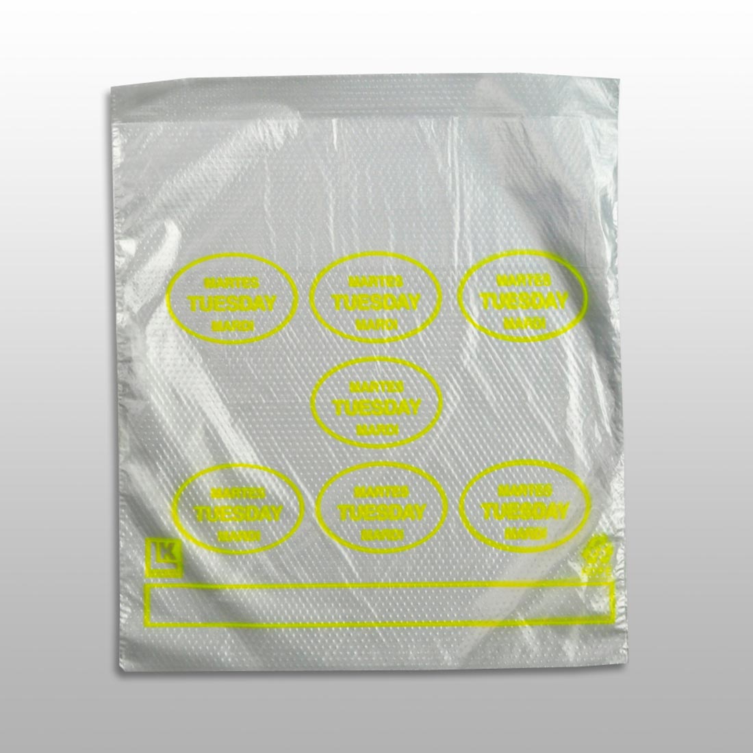 6.5" x 7" + 1.75"LP + 1.75"FB 0.5 mil Portion Control Saddle Pack w/ Tuesday (print in yellow)