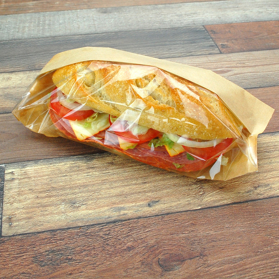 3.5" x 2.25" x 10.75" 80 GSM Kraft w/OPP #ReadyFresh® Kraft Paper Sandwich Bags with Window