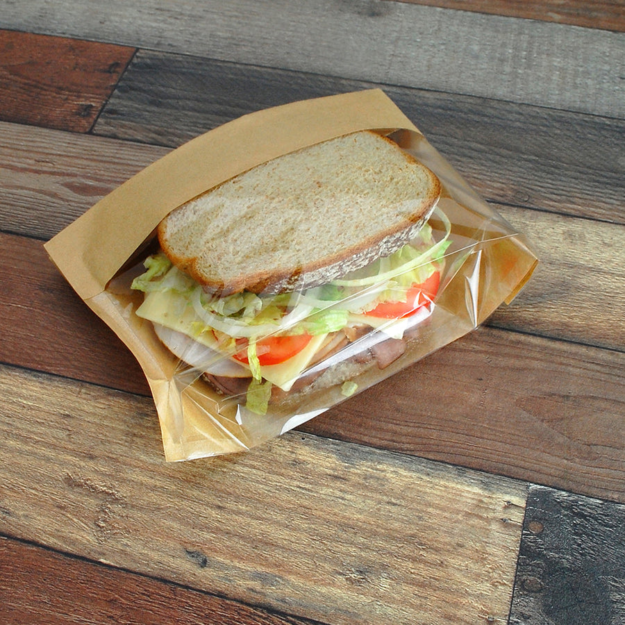 5.75" x 2.75" x 9.5" 80 GSM Kraft w/OPP #ReadyFresh® Kraft Paper Sandwich Bags with Window