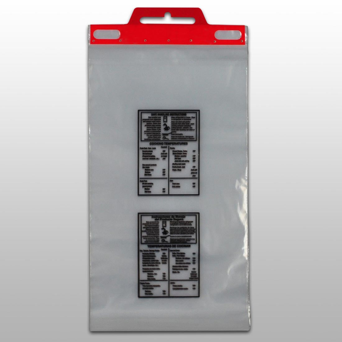 12" x 18" + 2"LP 1.5 mil Printed "Safe Handling" Meat Bag on Plastic Header