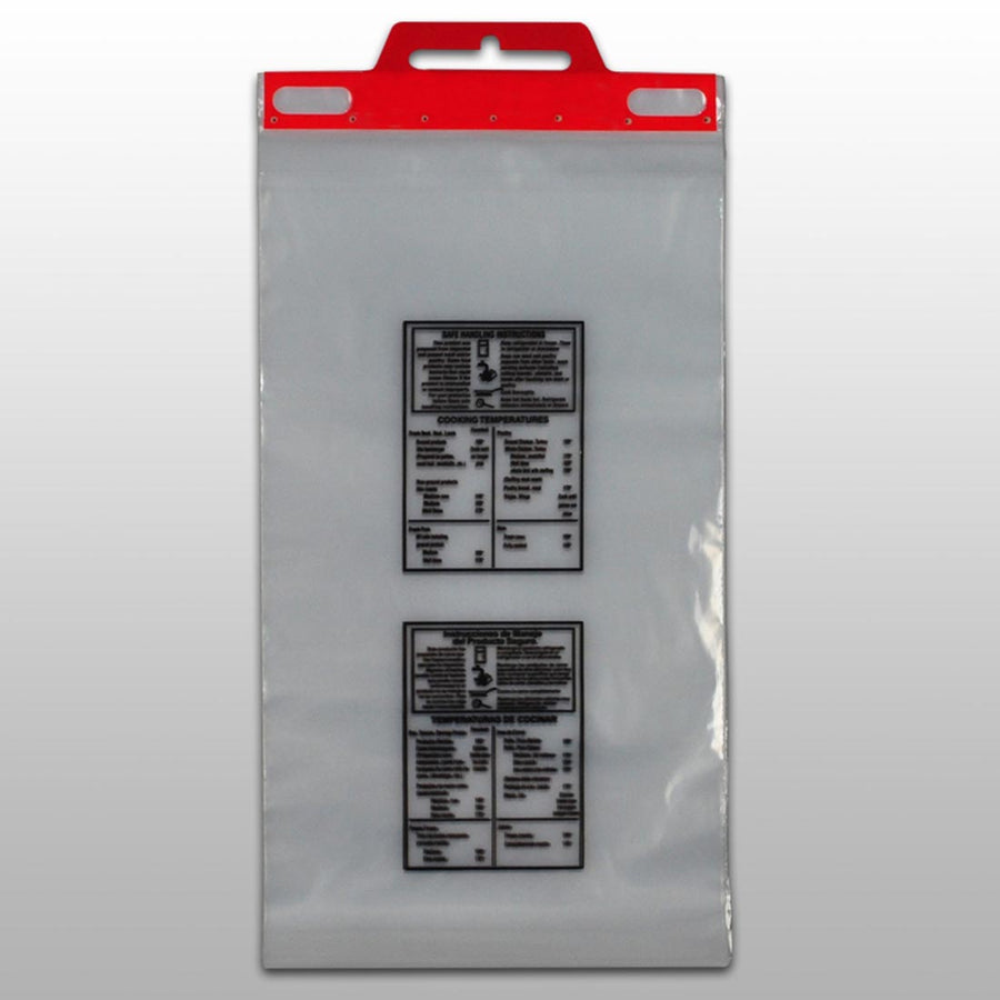 12" x 18" + 2"LP 1.5 mil Printed "Safe Handling" Meat Bag on Plastic Header