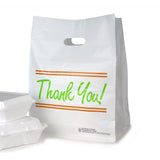 12" x 10" x 16" + 10"BG 1.75 mil "Thank You" Printed White Take Out Bag w/ Die Cut Handle and Square-Cut Top