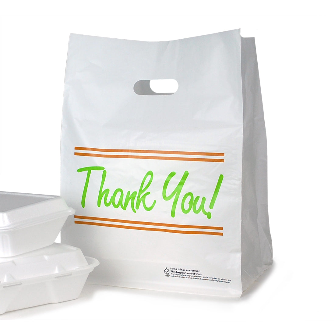 12" x 10" x 16" + 10"BG 1.75 mil "Thank You" Printed White Take Out Bag w/ Die Cut Handle and Square-Cut Top