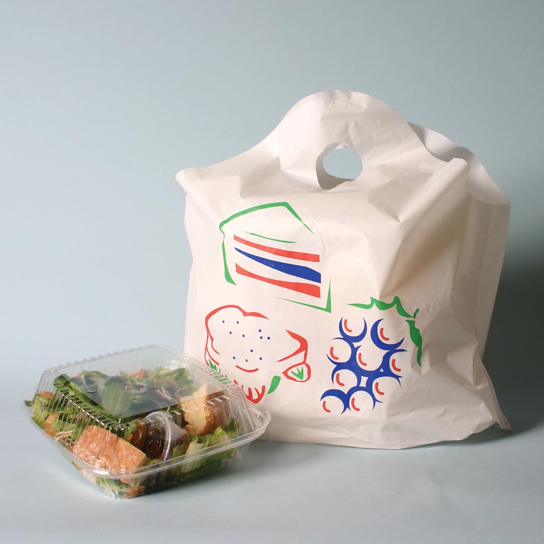 12" x 13" + 5"BG 1.2 mil Printed White Take Out Bag w/ Wave Top Handle