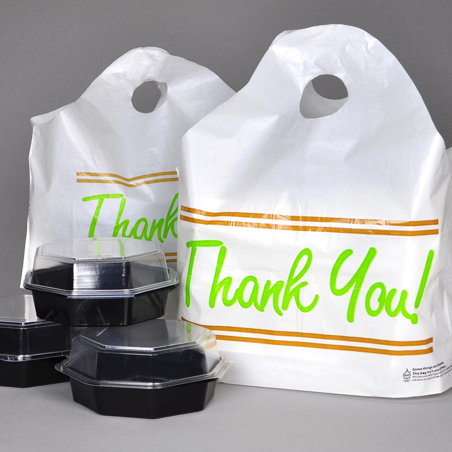 24" x 20" + 11"BG 1.5 mil Printed "Thank You" Take Out Bags w/ Wave Top Handle