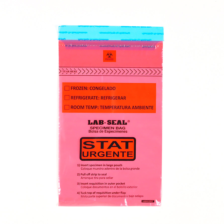 6" x 10" 1.8 mil Lab Seal® Tamper-Evident Specimen Bags w/ Removable Biohazard Symbol - Red Tint Printed "STAT"