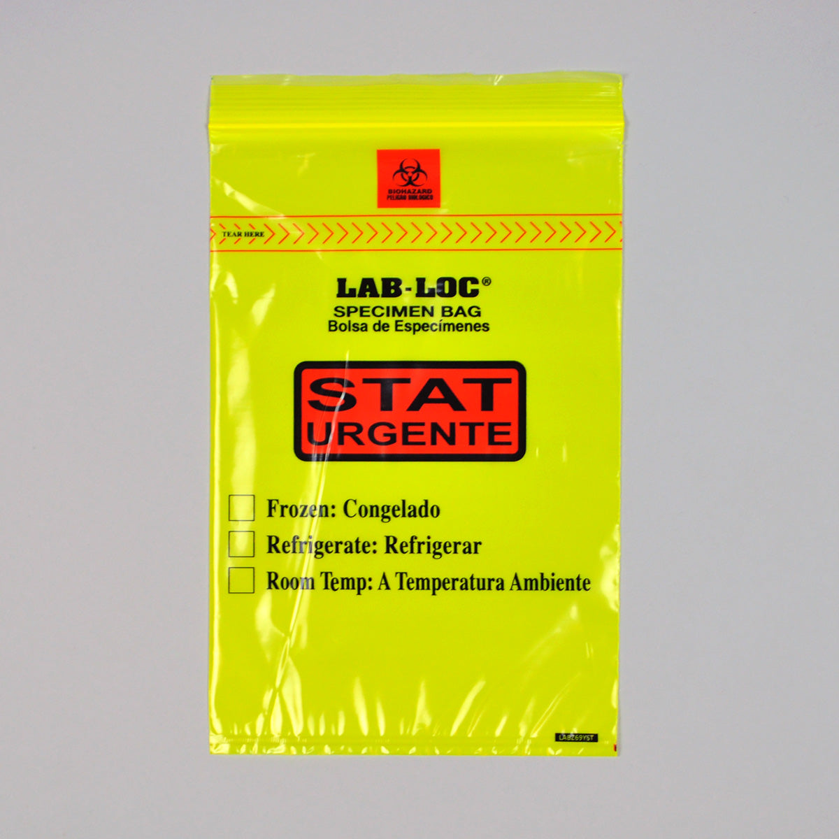 6" x 9" 1.75 mil Lab-Loc® Specimen Bags w/ Removable Biohazard Symbol Printed "STAT" - Yellow
